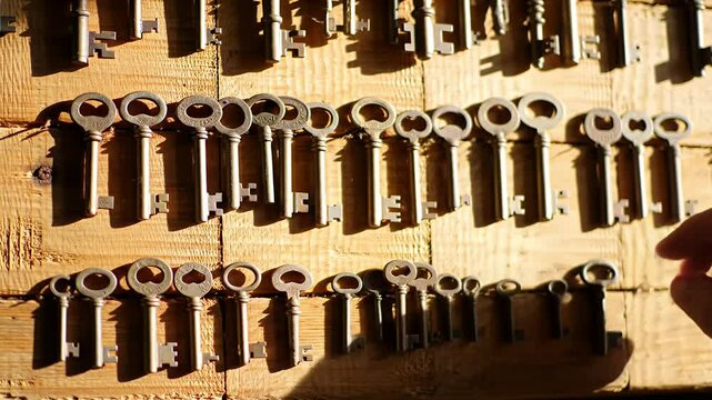 A collection of old skeleton keys on wood panel with hand reaching for one
