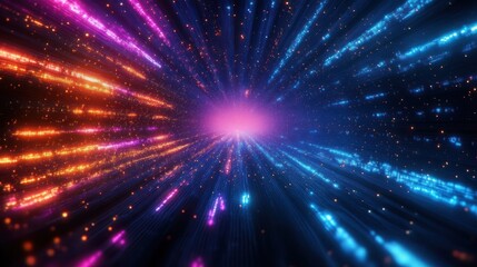 Fototapeta premium Abstract digital light beams in purple, orange, and blue converging towards a glowing center creating a dynamic and futuristic visual effect