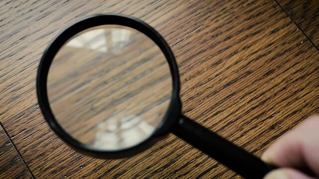 Magnifying glass hovers over brown wood planks