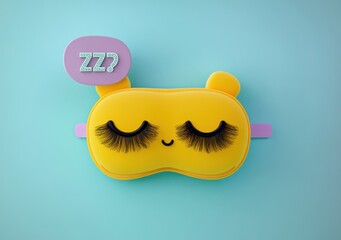 Cute yellow sleep mask with long black eyelashes and a small smile on a blue background, featuring a purple speech bubble with a question mark and 'zzz' symbol