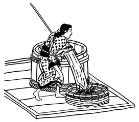 Ukiyo-e Style Woman Drawing Water from an Edo-Period Well in Kimono