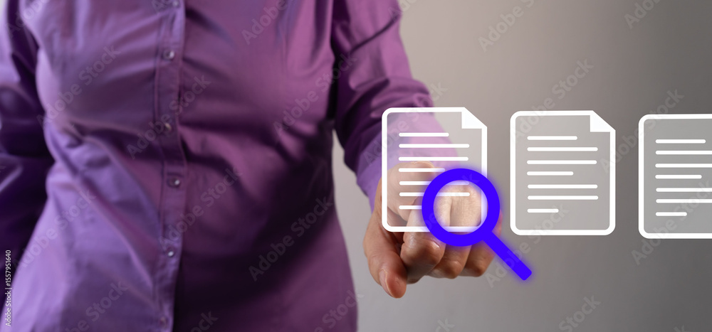 Poster a person points to a magnifying glass icon with document icons on a virtual screen with a gray backg