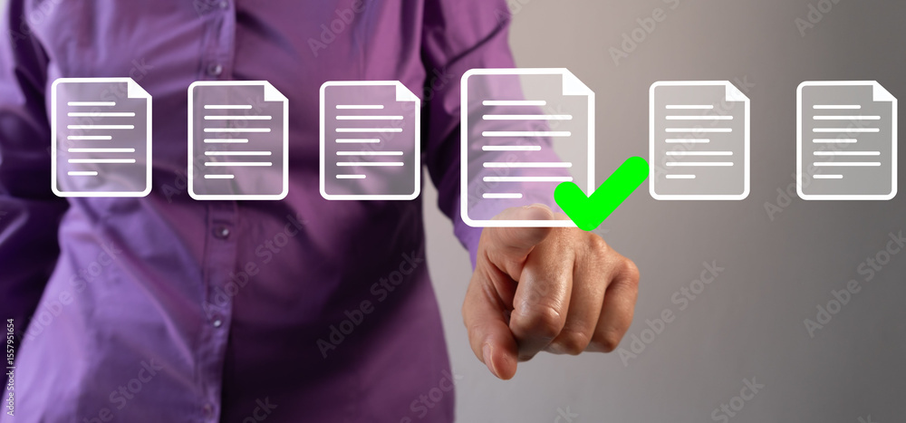 Poster a person touching a green checkmark icon in a white document icon, with other document icons floatin