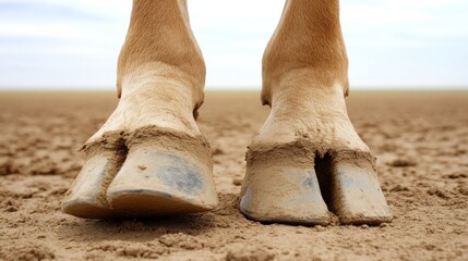 Mud-Caked Camel Hooves on Arid Sands: Close-Up