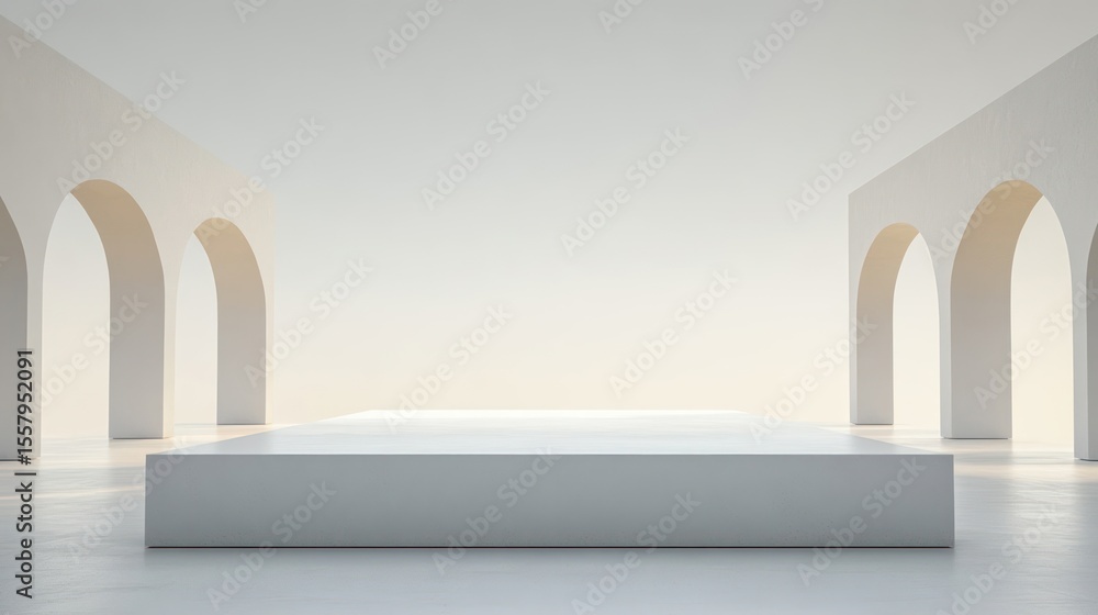 Poster minimalist bright white architectural space with large rectangular platform and symmetrical arches u