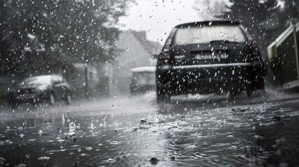 Close-up of a hailstorm with large ice stones falling on a urban street, damaging cars and rooftops, while people take shelter under umbrellas, showcasing the impact of severe weather conditions and s