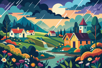 Stylized Landscape Illustration of a Village Scene with Rain featuring colorful houses rolling hills a river and stylized rain against a backdrop of mountains and