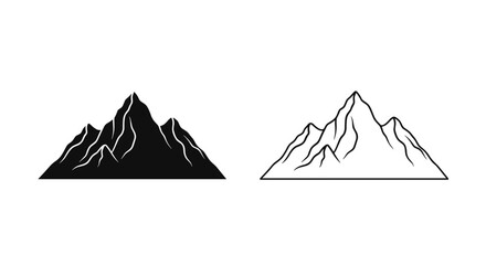 Two mountain peak illustrations one in solid black and one in outline on a white background