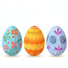 Three colorful Easter eggs with floral and geometric patterns, showcasing delicate flowers, leaves, and symmetrical designs in vibrant blue, orange, and purple tones