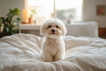 Small fluffy white dog sitting on a bed with white bedding in a cozy, softly lit bedroom