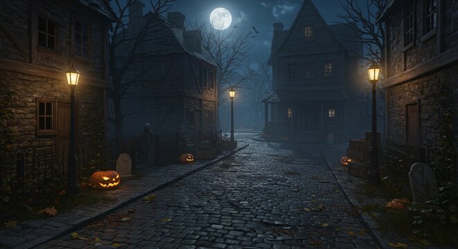 A spooky halloween night scene with pumpkins and a full moon over a cobblestone street