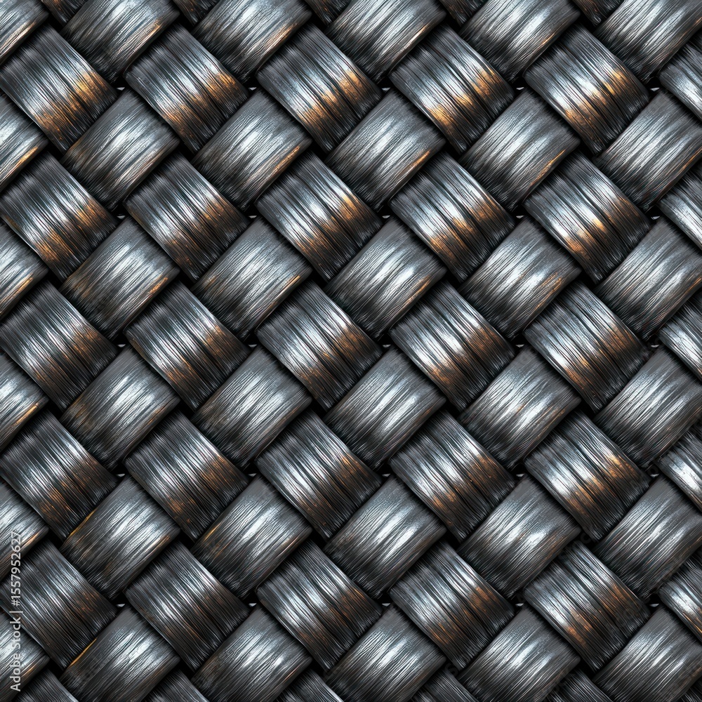 Poster close-up view of tightly woven metallic strands creating a textured, reflective, and interlaced patt