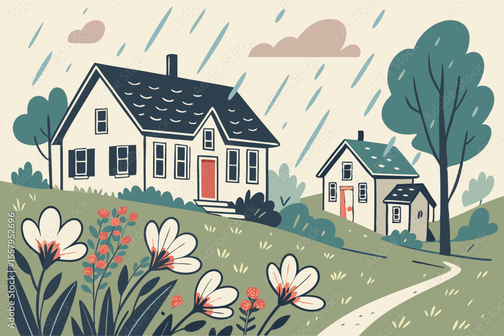 Poster stylized illustration of two houses in the rain with flowers in the foreground a path and clouds cre
