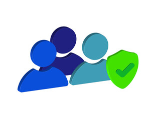 Simple 3D illustration of a group of people icon with a shield and a check mark. PNG format, transparent background.