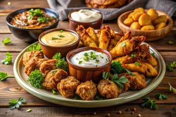 Fototapeta premium A delectable platter of fried appetizers served with an array of creamy dipping sauces, perfect for sharing among friends