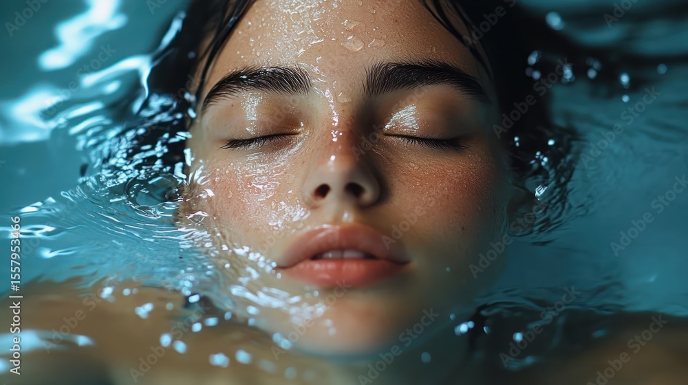 Aufkleber close-up of a serene young person with closed eyes and wet skin partially submerged in clear water c