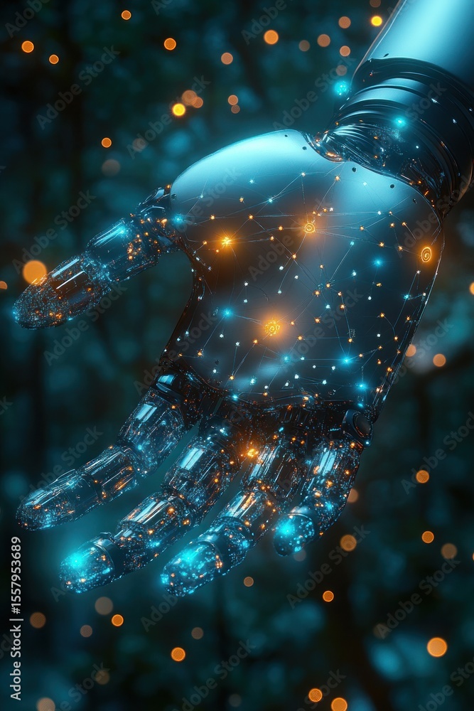 Poster futuristic robotic hand with glowing blue and orange network nodes and lines, conveying high technol