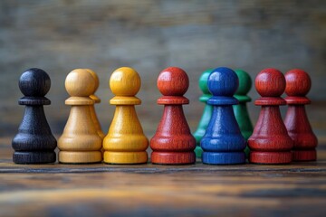 Close-up of colorful wooden chess pawns in a row with natural texture and blurred background creating a sense of unity and diversity