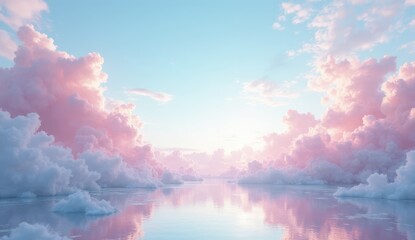 Cloudscape Reflections: A serene skyscape unfolds, with fluffy pink and white clouds mirrored perfectly in the tranquil water below. The soft pastel hues create a dreamlike atmosphere.