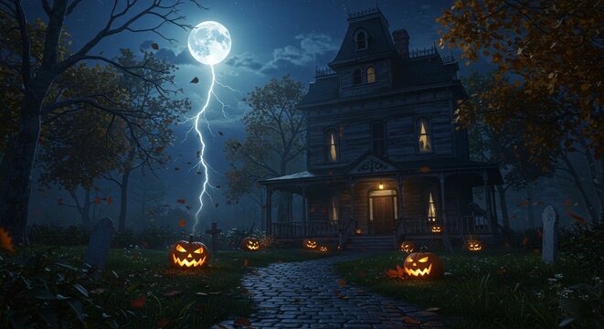 A spooky halloween night scene with a haunted house and pumpkins under a full moon and lightning strike