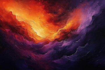Abstract swirling clouds in vibrant orange, red, and purple shades creating a dramatic and intense atmosphere