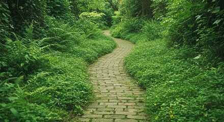 Obraz premium Winding brick pathway through lush green foliage.