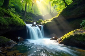Sunlit Waterfall Cascade in Lush Summer Forest Magical Serenity and Refreshing Nature Scene