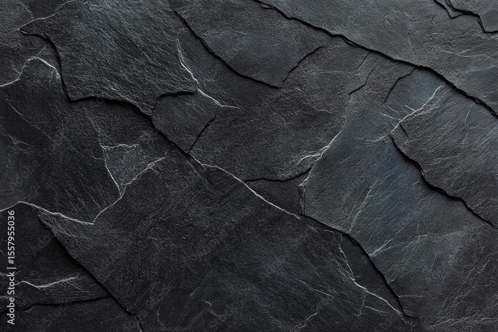 Poster close-up view of dark overlapping slate stones with rough textured surfaces and natural cracks and e