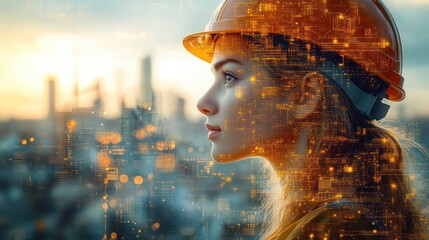 Young woman wearing a hard hat looking thoughtfully at an industrial cityscape at sunset with digital circuit overlay symbolizing technology and innovation