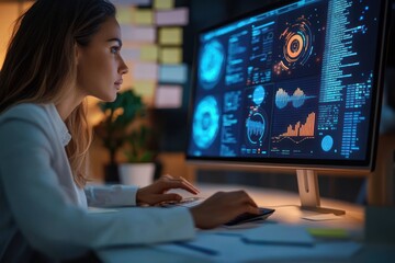Focused woman analyzing complex data visualizations and graphs on a large desktop monitor in a dimly lit office environment