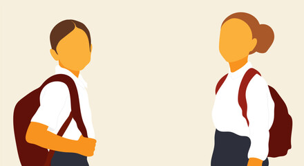 Flat design illustration of faceless boy and girl students in uniform. Minimalist school concept