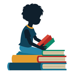 Silhouette of a young reader sitting atop a stack of colorful books on a white background