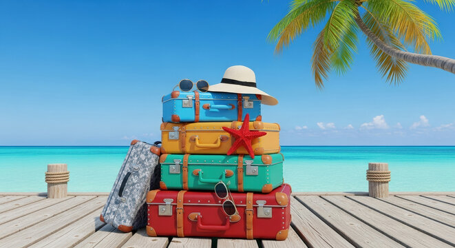 A stack of vintage travel suitcases on a wooden pier at a tropical beach. A concept for summer vacation, paradise holidays, and retro-style travel adventures