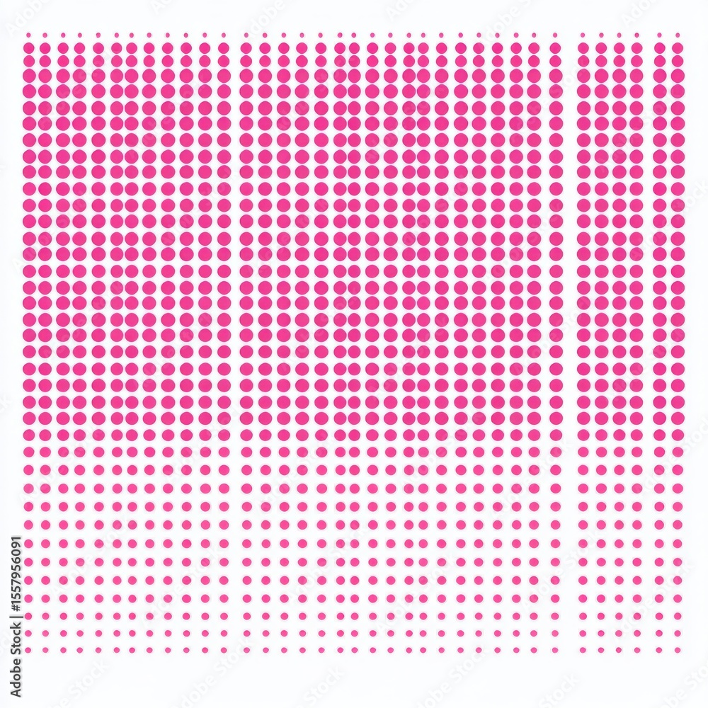 Poster pattern of descending pink circles in evenly spaced vertical columns on white background