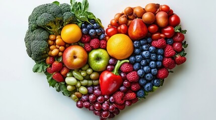 Heart-shaped arrangement of colorful fresh fruits and vegetables including broccoli, oranges, apples, berries, grapes, and bell pepper symbolizing health and love