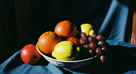 A vibrant still life of mixed fruit in a bowl on a blue tablecloth.