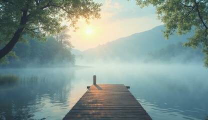 Serene Dawn Over the Lake: A picturesque lakeside scene at dawn, with a wooden dock extending into a tranquil lake shrouded in mist, mountains in the background, and the sun casting a gentle glow.