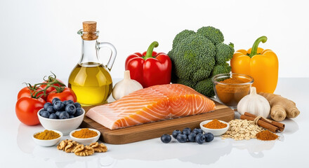 A selection of fresh healthy foods for a balanced diet, including salmon, vegetables, nuts, and spices. A concept for nutrition, clean eating, and a healthy lifestyle