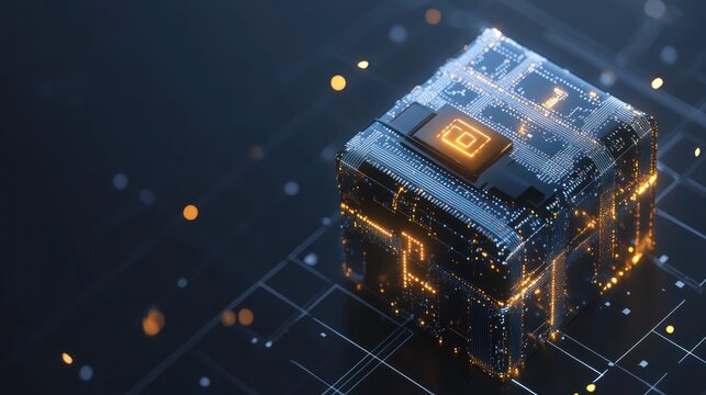 3D rendered glowing circuit box on dark surface