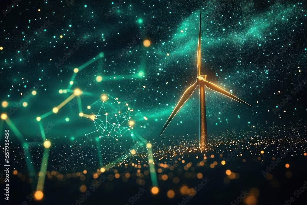 Poster glowing wind turbine standing amidst a field of sparkling golden lights under a starry teal sky with
