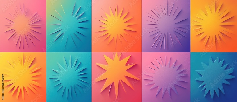 Aufkleber a colorful grid of ten square panels each displaying a different stylized sunburst shape with varied