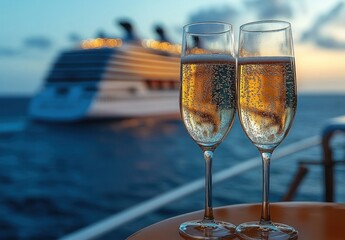 Two glasses of sparkling champagne on a table with a blurred cruise ship and sunset over the calm sea in the background, evoking celebration and relaxation