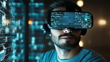 Young man wearing virtual reality headset, immersed in digital world with glowing data streams around him - Powered by Adobe