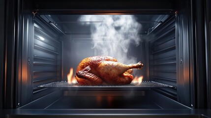 Roasted chicken inside a modern oven, emitting steam and showing flames beneath the rack