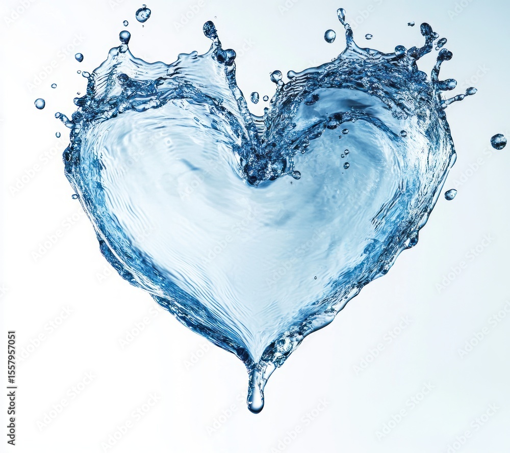 Aufkleber clear water splash forming the shape of a heart with droplets frozen in motion on a light background