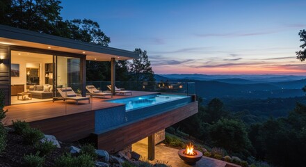 Fototapeta premium Modern mountain home with infinity pool at sunset