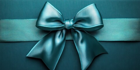Elegant teal satin ribbon bow tied around a matching teal textured background symbolizing celebration and gift giving