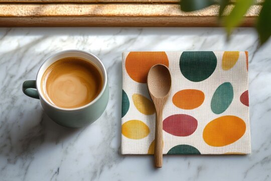 Cup of coffee with light brown crema next to a wooden spoon resting on a colorful polka dot patterned napkin on a smooth marble surface