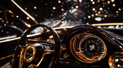 Luxurious car interior, golden dashboard, steering wheel