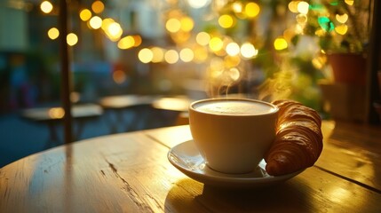 Warm coffee and croissant on a wooden table, caf? setting